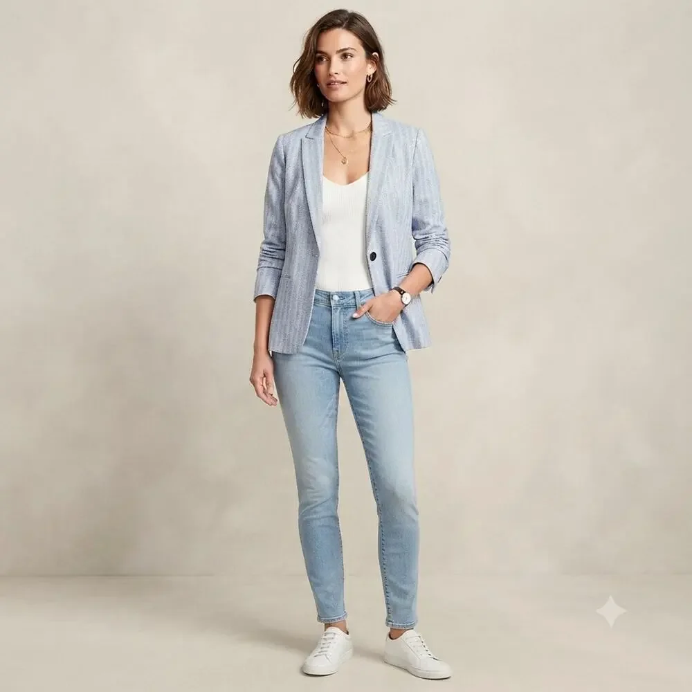 J.Crew Herringbone Blazer Women 16 Cotton Linen Blue White Preppy Academia CL240